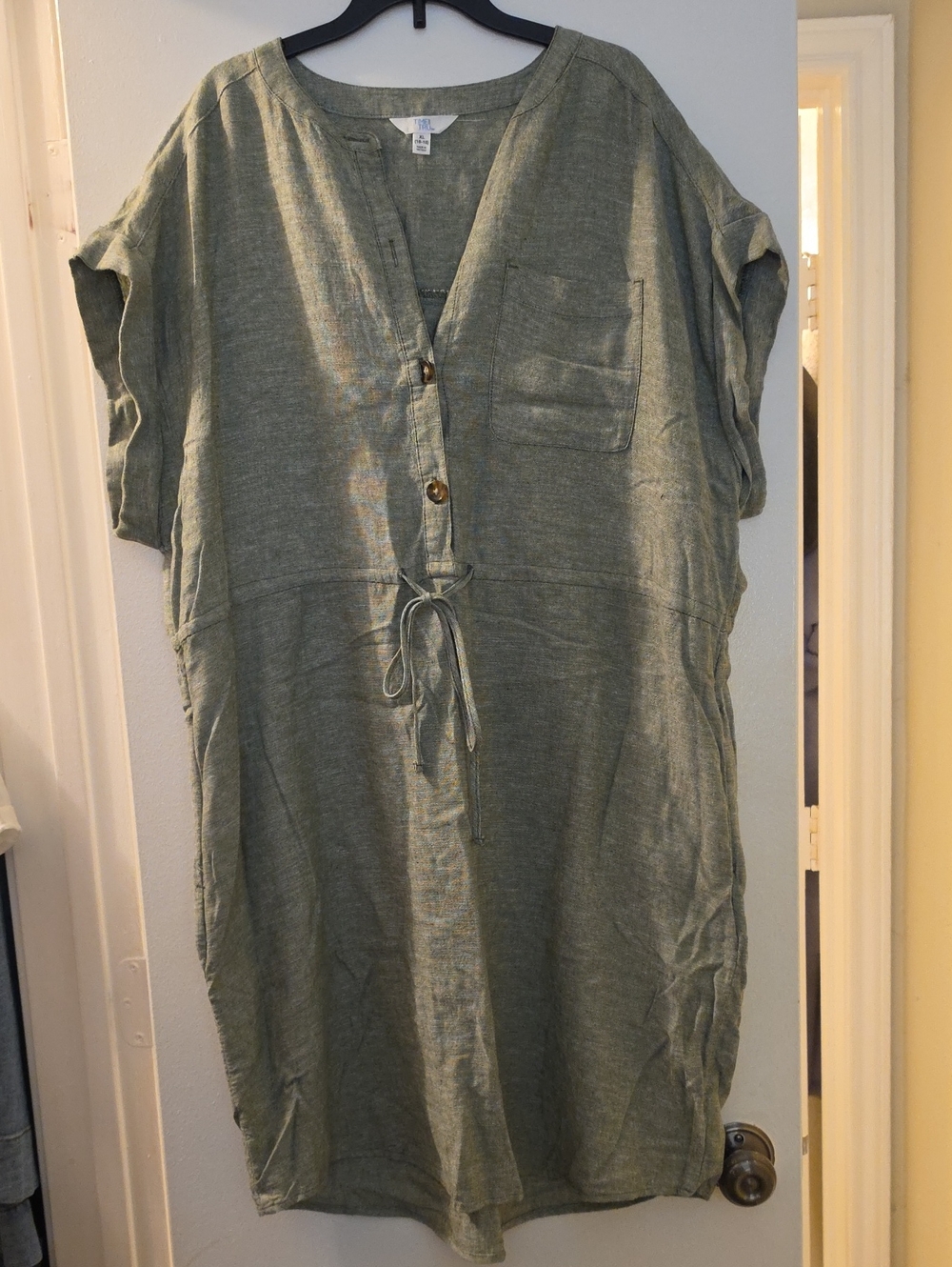 Time and Tru Olive Green Linen-Blend Drawstring Shirt Dress